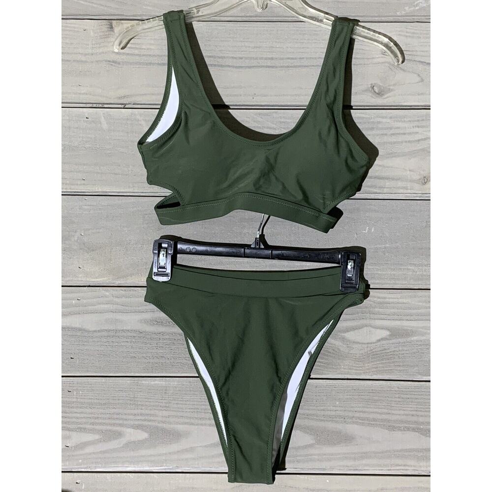 Blooming Jelly Olive Green 2 Piece Swimsuit Bikini Small Cut Out High Waisted
